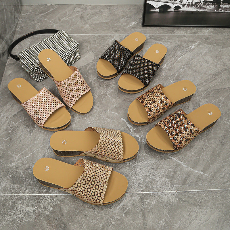 Damen Wedge-Pantoletten mit Glitzer- und Leopardenmuster R&B