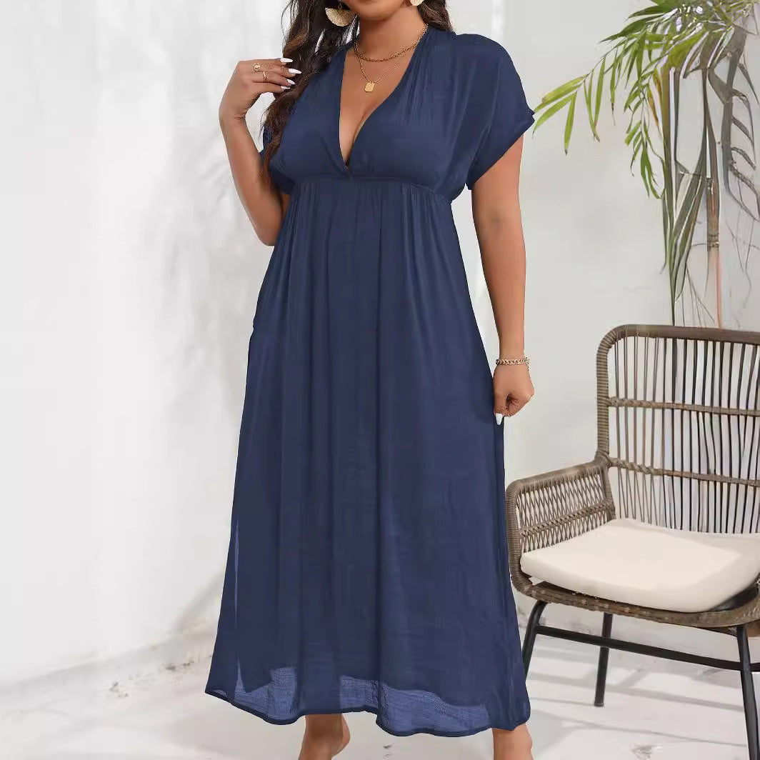 Damen luftiges Maxikleid mit tiefem V-Ausschnitt und seitlichen Schlitzen R&B