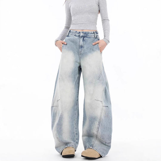 Damen Oversized Denim-Jeans mit weitem Beinschnitt und einzigartigem Waschungseffekt R&B