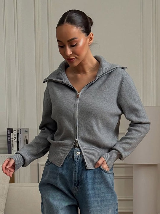 Damen bequeme Strickjacke mit Reißverschluss R&B