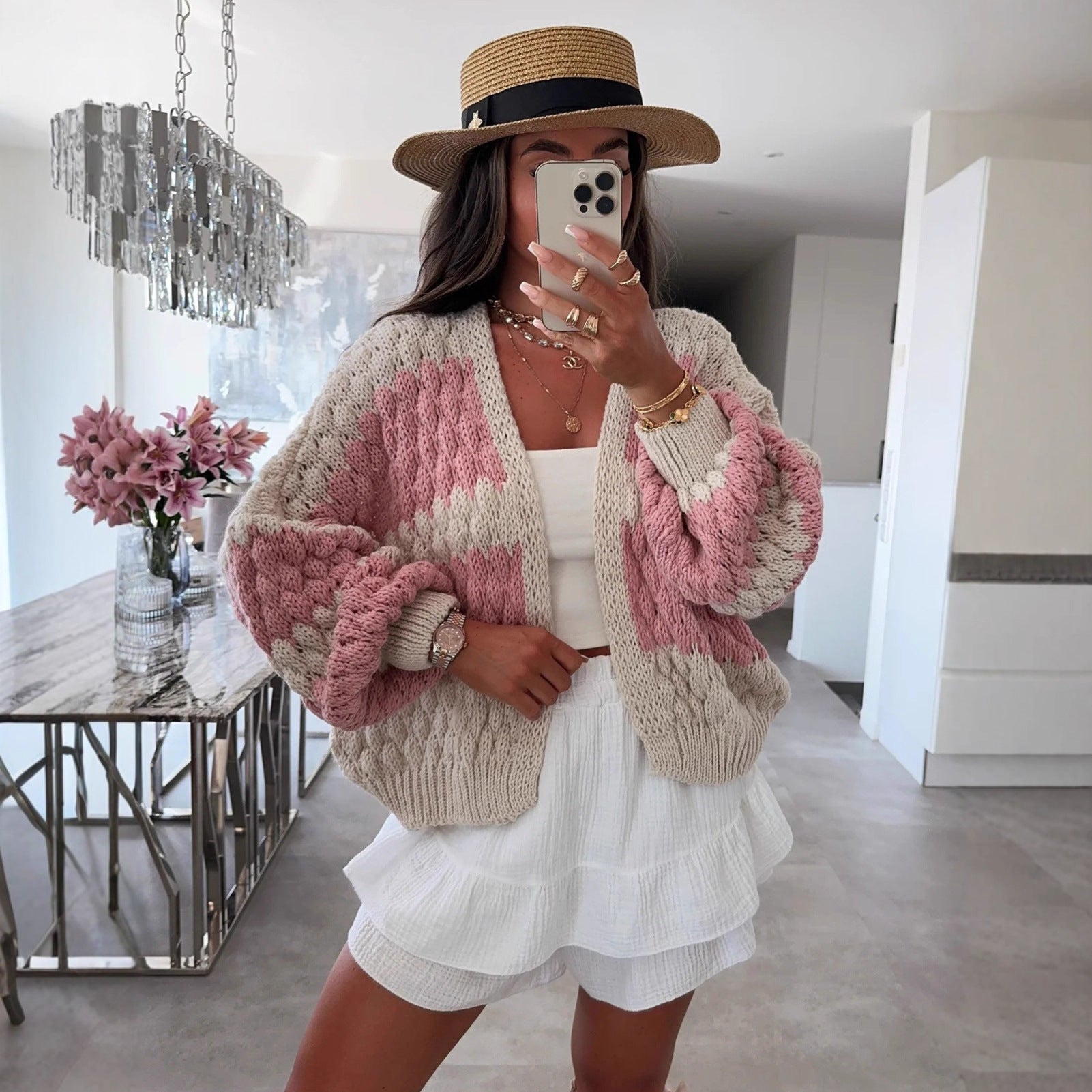 Damen Grobstrickjacke mit grafischem Muster und voluminösen Ärmeln R&B