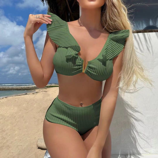 Damen Zweiteiler Bikini mit Rüschendesign und hohem Bund R&B