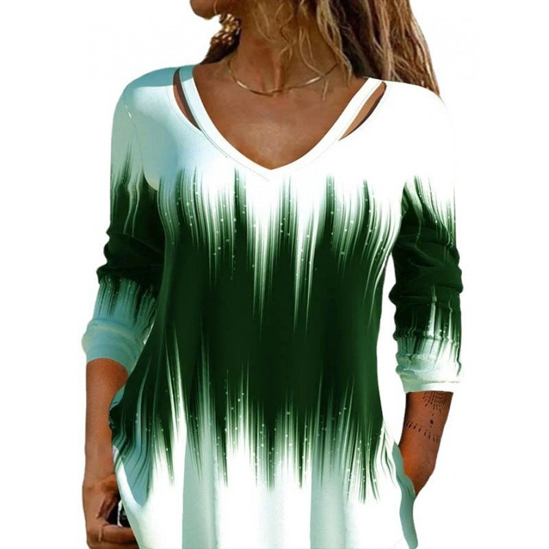 Damen Langarmshirt mit modischem V-Ausschnitt und einzigartigem Farbverlauf R&B
