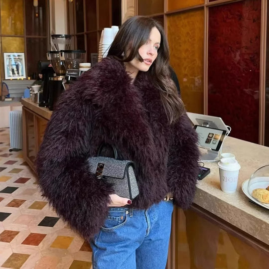Damen kuschelige Kunstfelljacke mit Schalkragen und eleganter Silhouette R&B