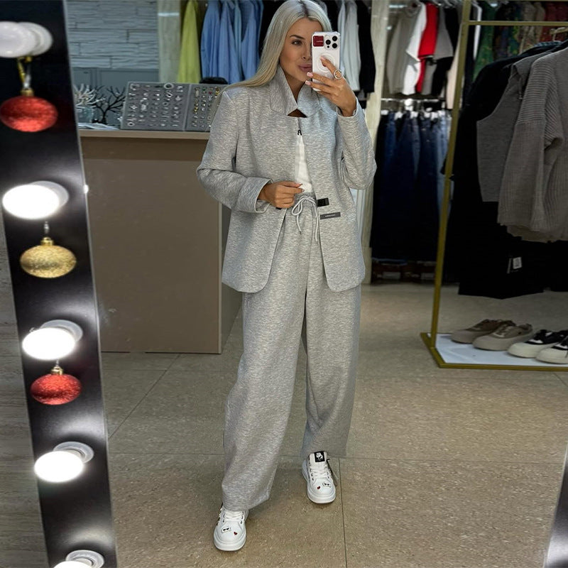 Damen lässige Sweater-Blazer-Kombination mit weit geschnittenen Hosen R&B