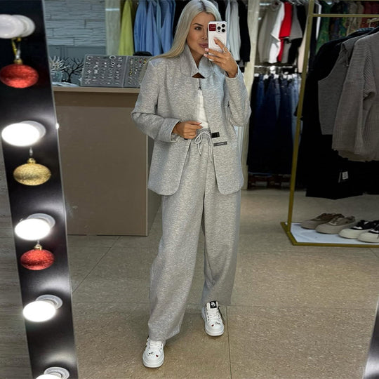Damen lässige Sweater-Blazer-Kombination mit weit geschnittenen Hosen R&B