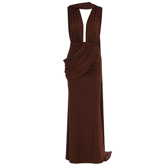 Damen bodenlanges Wickelkleid mit raffinierten Drapierungsdetails und elegantem V-Ausschnitt R&B