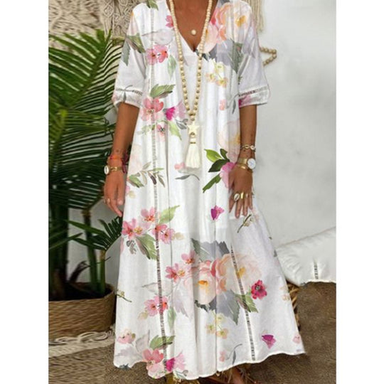 Damen nan locker fließendes Kaftan-Midimaxikleid mit V-Ausschnitt, ajourbesetzten Bahnen und leichter Leinenmisch-Qualität R&B
