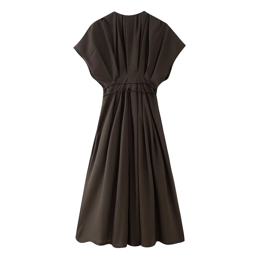 Damen Midikleid mit taillierbarem Bindegürtel und elegantem V-Ausschnitt R&B