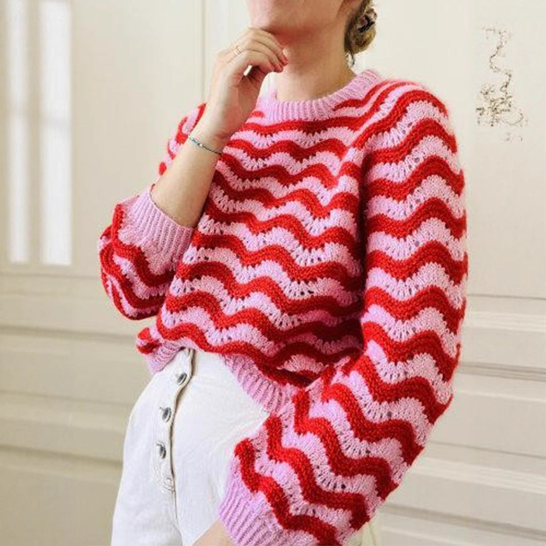Damen Strickpullover mit wellenförmigem Muster und großzügigem Schnitt R&B