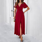 Damen Maxikleid mit tiefem V-Ausschnitt und seitlichem Schlitz R&B