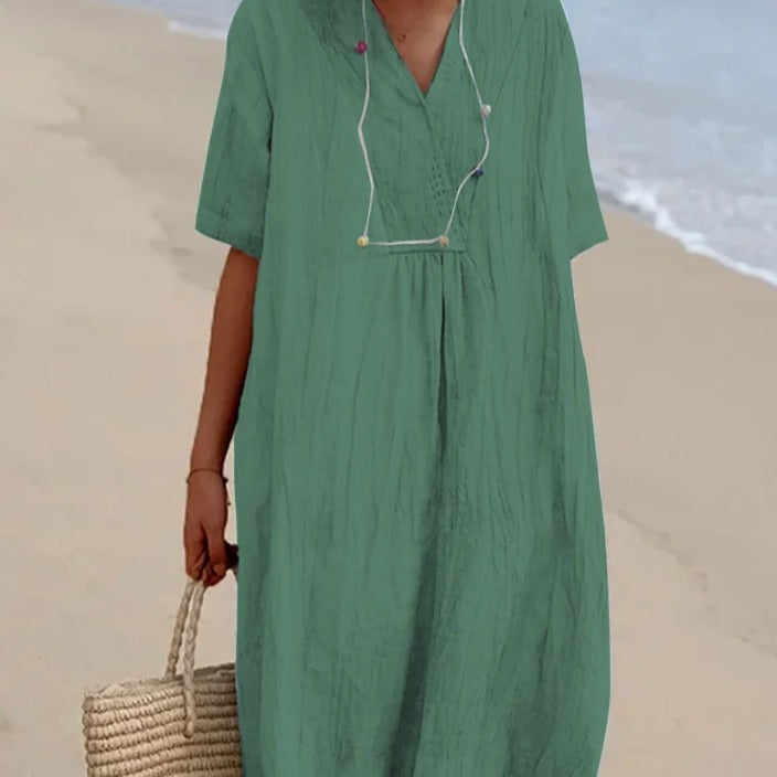 Damen lässiges Langarmkleid mit V-Ausschnitt und großzügigem Schnitt R&B