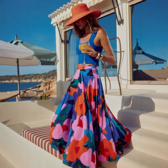 Damen Maxi-Rock mit buntem Blumendesign und fließendem Fall R&B