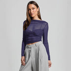 Damen Elegantes Langarmoberteil mit transparentem Mesh und Raffung