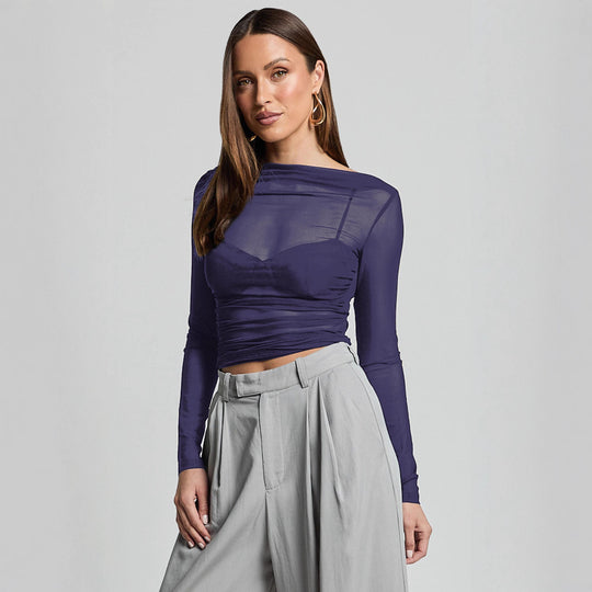 Damen Elegantes Langarmoberteil mit transparentem Mesh und Raffung R&B