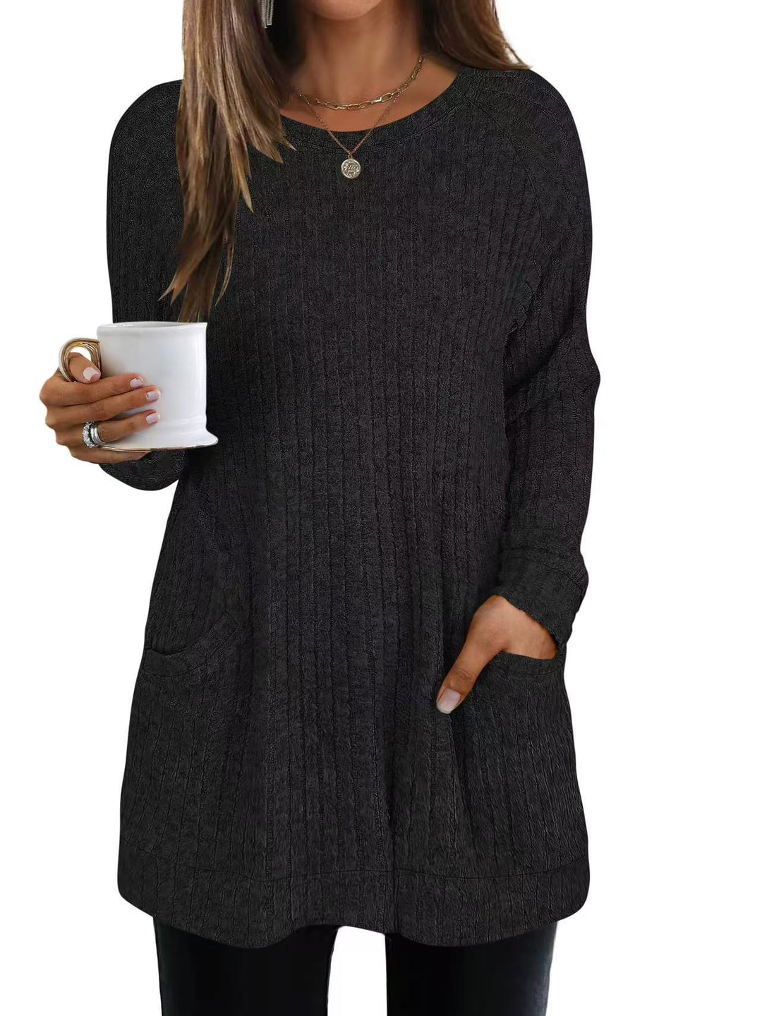 Damen lässiger Strickpullover mit seitlichen Eingrifftaschen und Rippenstruktur R&B