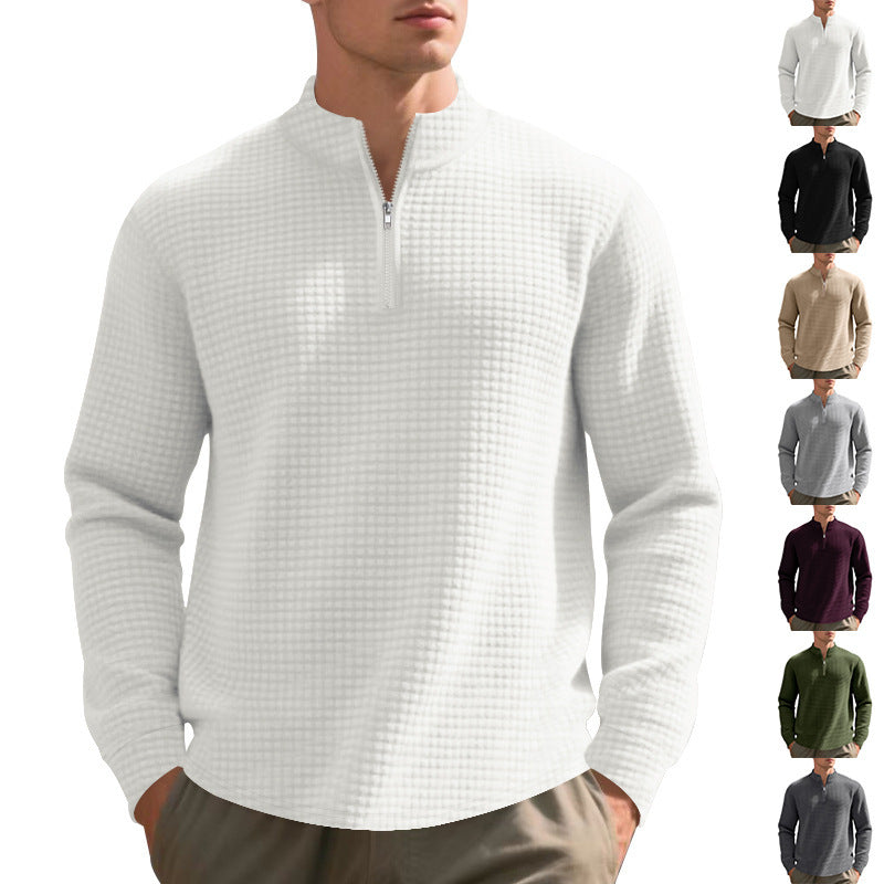 Herren nan urbaner Halbzip-Pullover mit feiner Quadratstruktur und hohem Stehkragen R&B