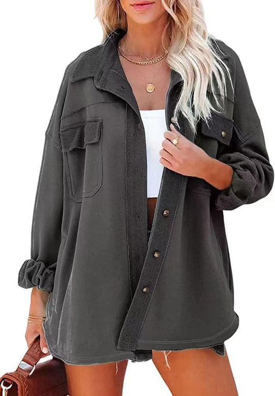 Damen Oversized Freizeitjacke mit praktischen Taschen und stylischen Druckknöpfen R&B