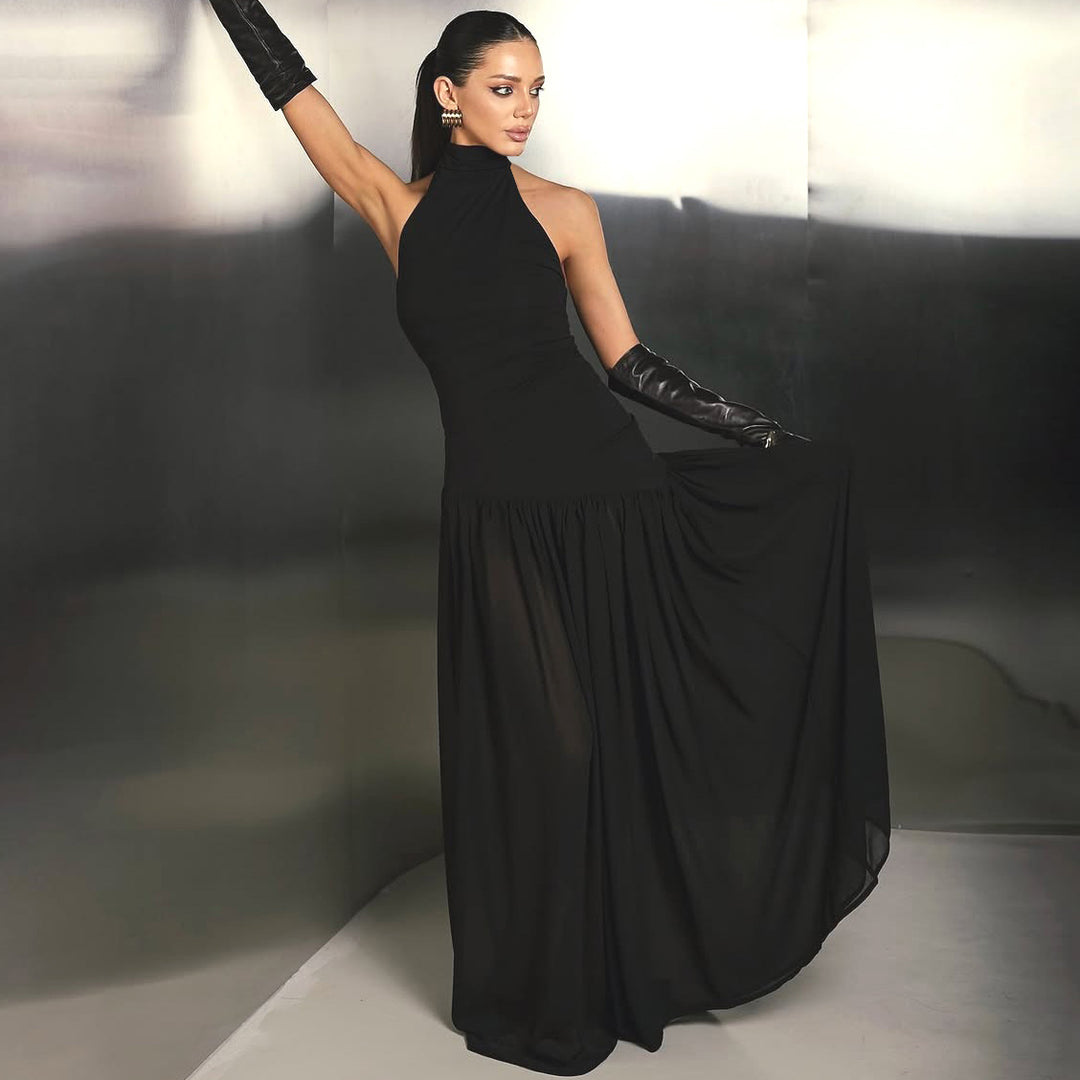 Damen Elegantes Maxikleid mit raffiniertem Halterdesign und transparentem Rock R&B