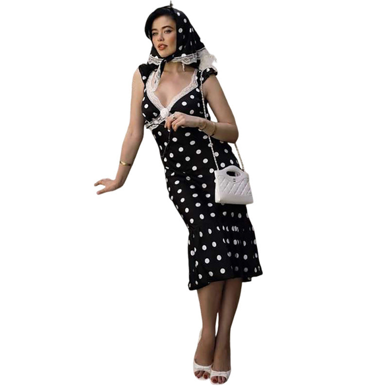 Damen Figurbetontes Polka-Dot Kleid mit Spitzenapplikation R&B