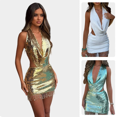 Damen Glitzerndes Minikleid mit tiefem V-Ausschnitt und seitlichem Cut-Out R&B