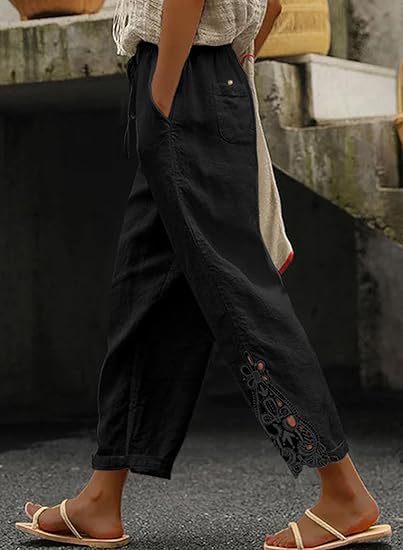 Damen luftige Leinenhose mit dekorativen Stickereien R&B
