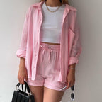 Damen lässiges Sommer-Set mit kurzärmliger Bluse und Shorts R&B