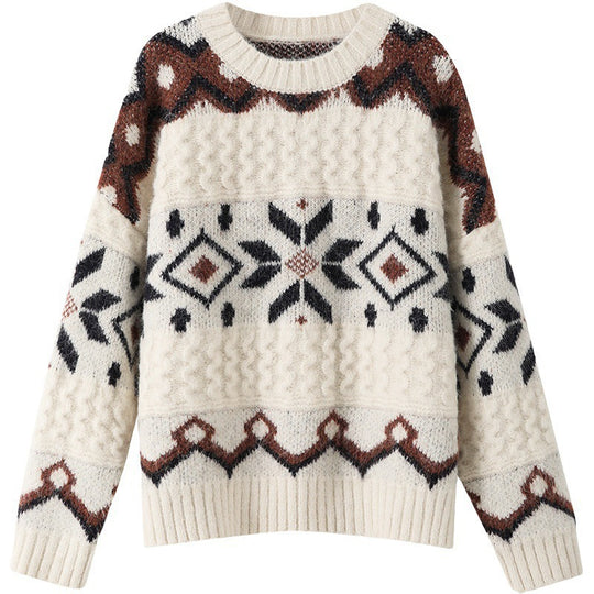 Damen Grobstrickpullover mit geometrischem Muster und Rundhalsausschnitt R&B