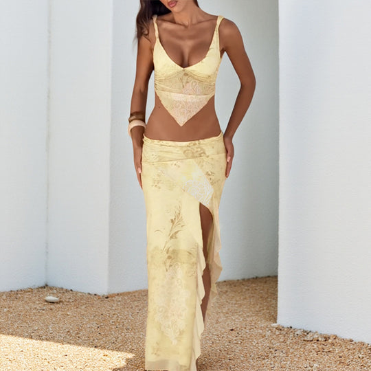 Damen elegantes Wickelkleid mit transparenten Einsätzen und hohem Beinschlitz R&B