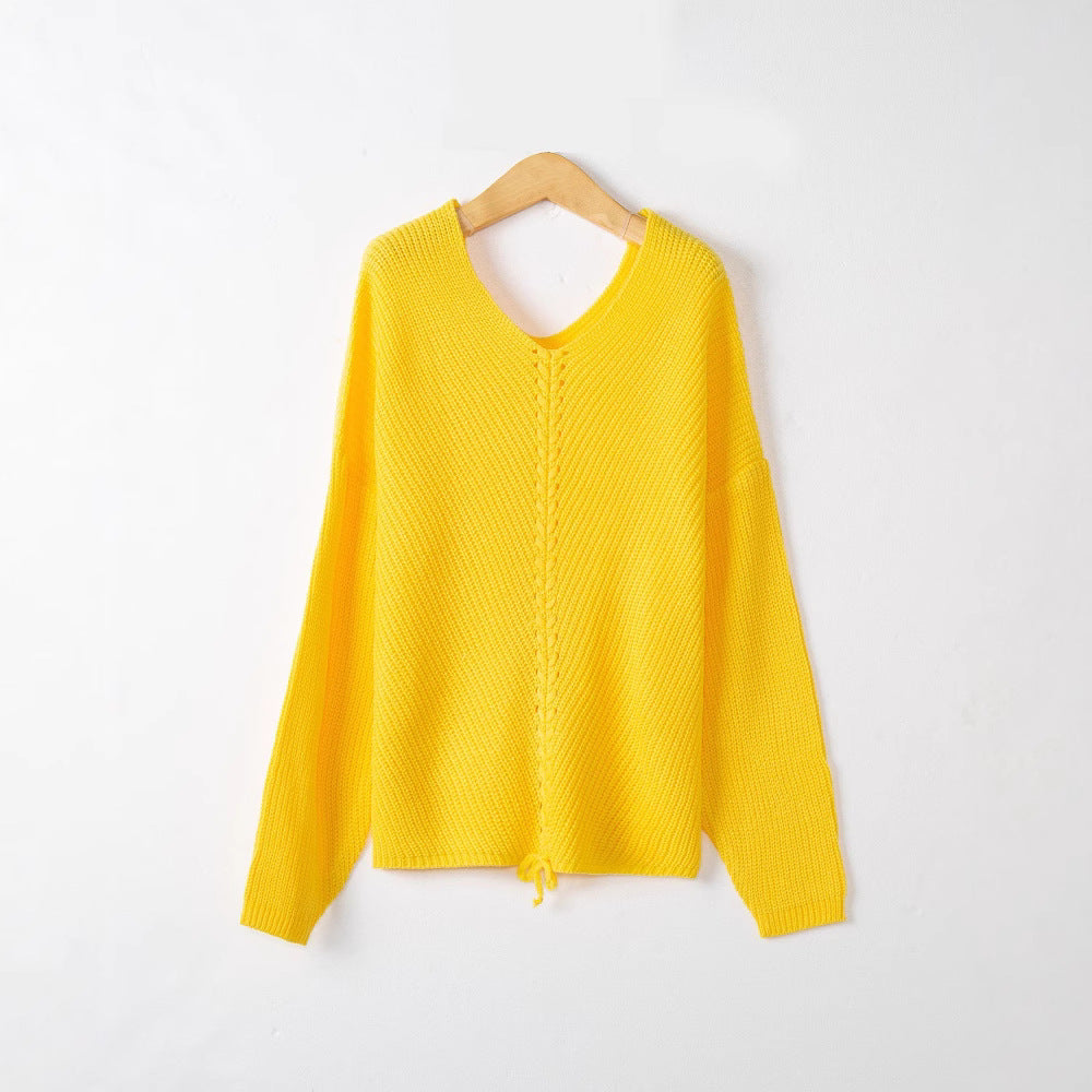 Damen Grobstrick Pullover mit attraktivem V-Ausschnitt und praktischen Kordeldetails