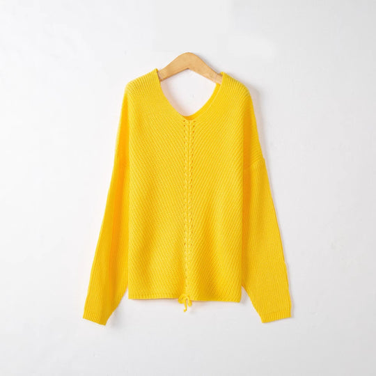 Damen Grobstrick Pullover mit attraktivem V-Ausschnitt und praktischen Kordeldetails R&B