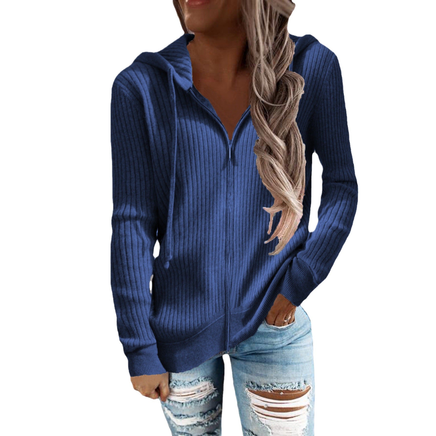 Damen Strickjacke mit Kapuze und Rippstruktur R&B