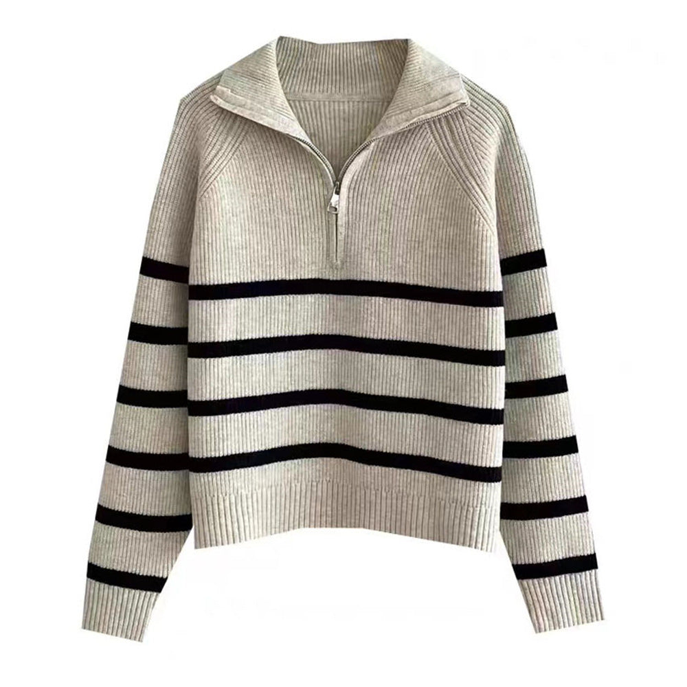 Damen Modischer Strickpullover mit Zip und gestreiftem Design R&B