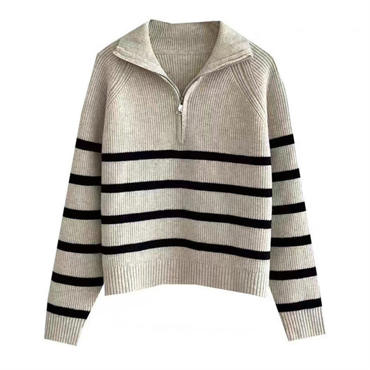Damen Modischer Strickpullover mit Zip und gestreiftem Design R&B