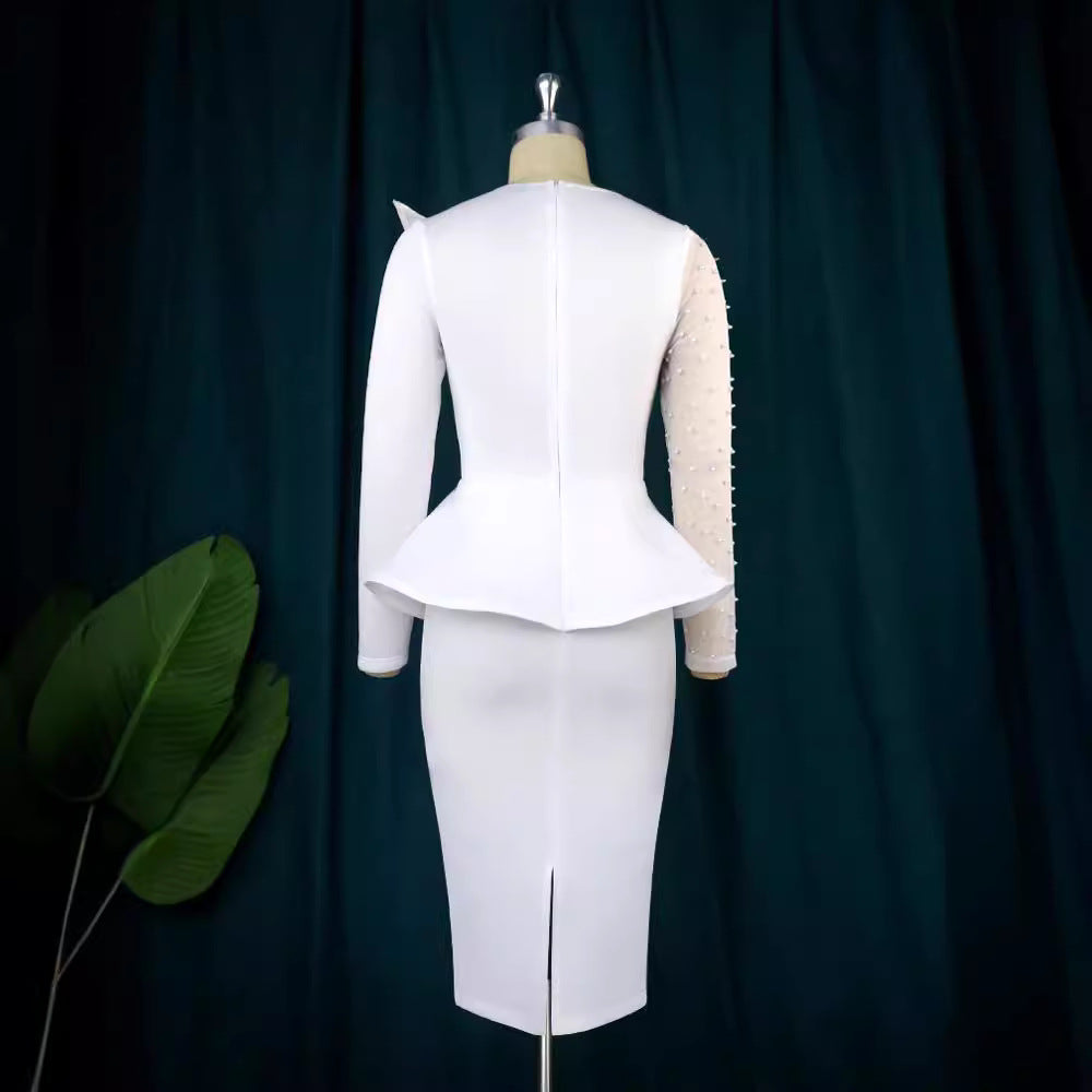 Damen Etuikleid mit transparenten Puffärmeln und dekorativem Peplum R&B