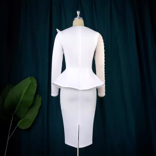 Damen Etuikleid mit transparenten Puffärmeln und dekorativem Peplum R&B