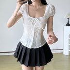Damen Kurzarm Hemdbluse mit eleganter Raffung und verspieltem BindR&Band R&B