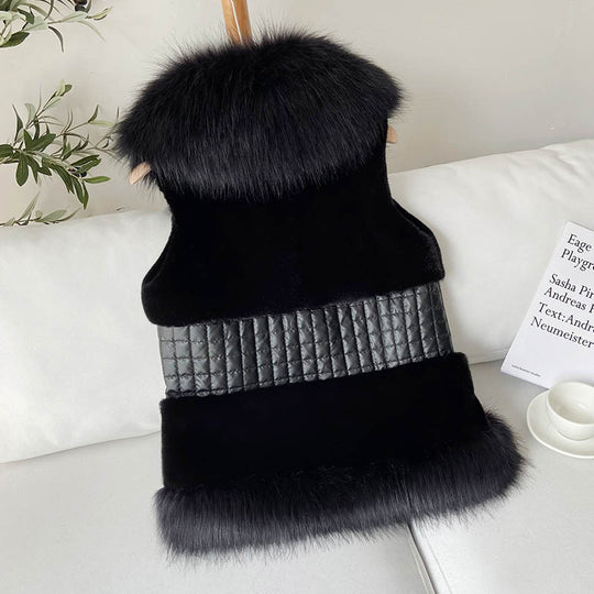 Damen Elegante Kunstpelz-Weste mit Stehkragen und glänzendem Gürtel R&B