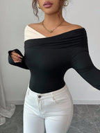 Damen nan asymmetrisches Carmen-Top mit Schulterraffung und körperbetonter Jersey-Passform R&B