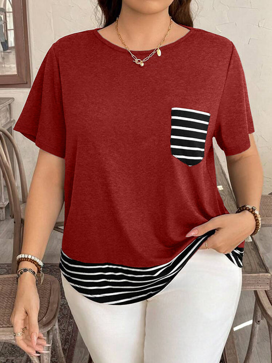 Damen Legeres T-Shirt mit gestreiftem Saum und Brusttasche R&B