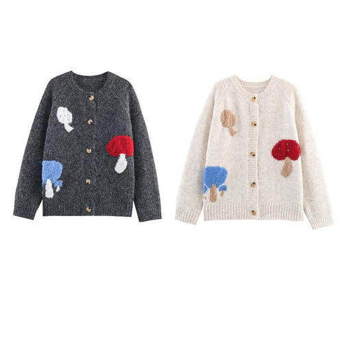 Damen Strickjacke mit bunten Pilzmotiven und bequemen Knopfdetails R&B