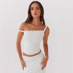 Damen Off-Shoulder Crop-Top mit modischen Raffungselementen R&B