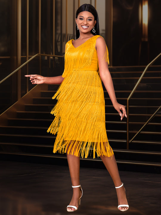Damen Fransen Kleid mit elegantem V-Ausschnitt und schwingendem Saum R&B