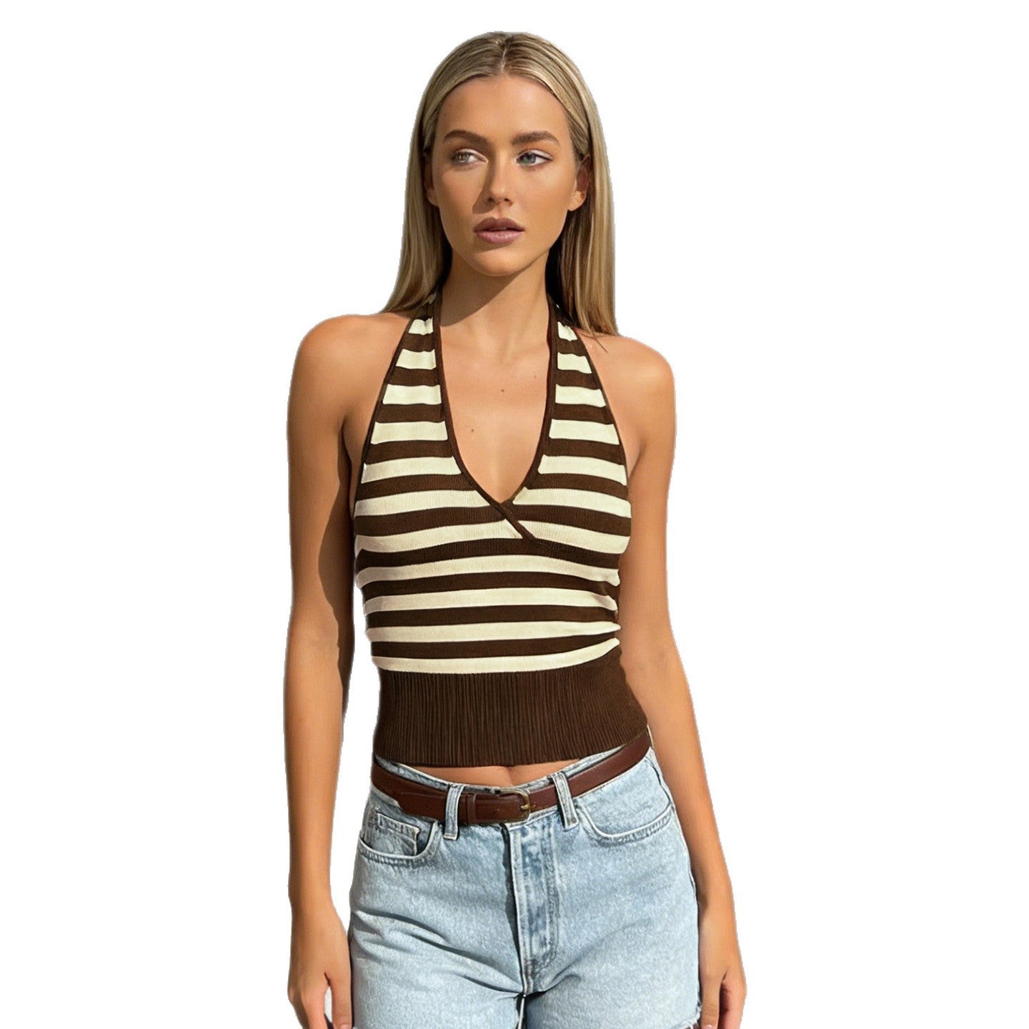 Damen sportliches Crop-Top mit verstellbarem Rückendesign und kontrastierenden Streifen R&B