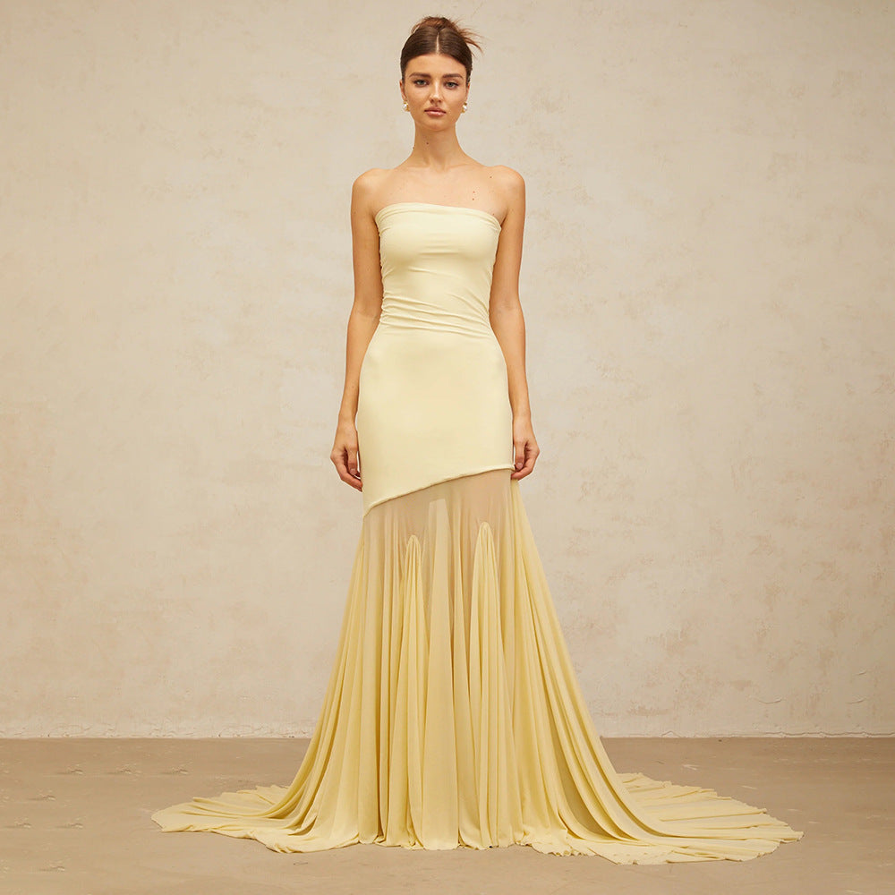 Damen Elegantes schulterfreies Maxikleid mit schimmerndem Stoff und voluminösem Rock R&B