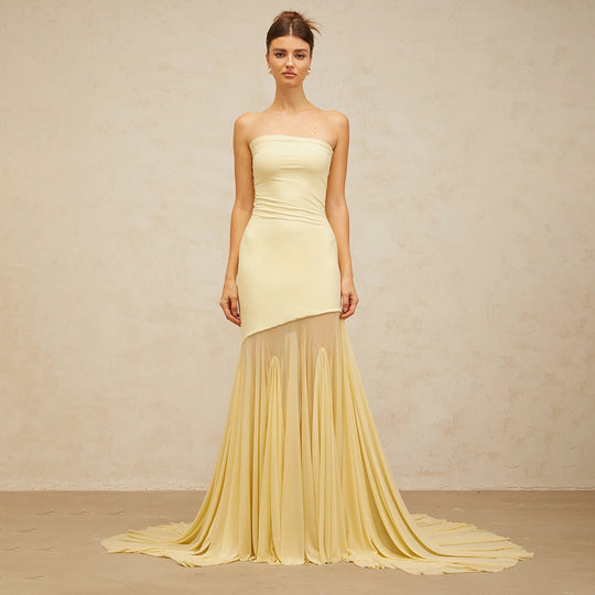 Damen Elegantes schulterfreies Maxikleid mit schimmerndem Stoff und voluminösem Rock R&B