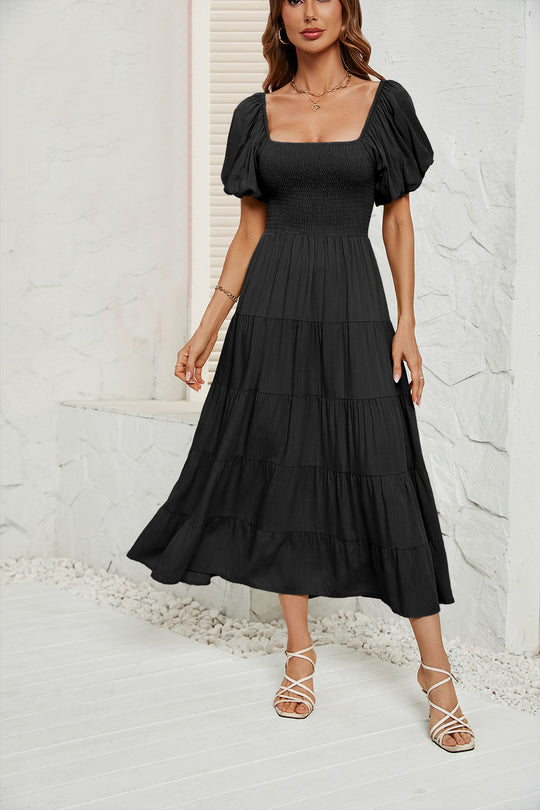 Damen Maxikleid mit Puffärmeln und elastischem Oberteil R&B