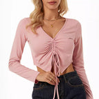 Damen Cropped Langarmshirt mit raffinierter Raffung R&B