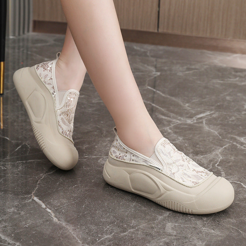 Damen bequeme Slip-On Sneakers mit luftiger Spitze und elastischem Riemen R&B