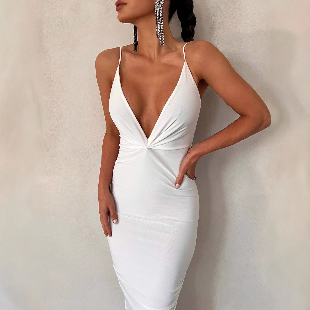 Damen elegantes Maxikleid mit tiefem V-Ausschnitt und zarten Spaghetti-Trägern R&B